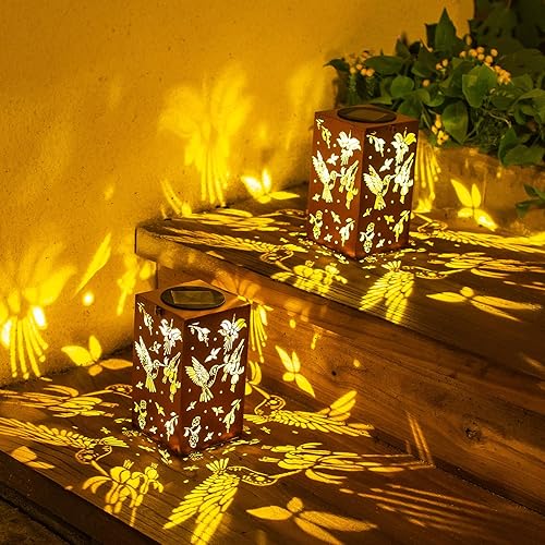 Miniatura 10 de WACLSTDAY Faroles solares colgantes para exteriores, luces solares decorativas de mariposa, farol cuadrado de metal, impermeable, luz LED decorativa