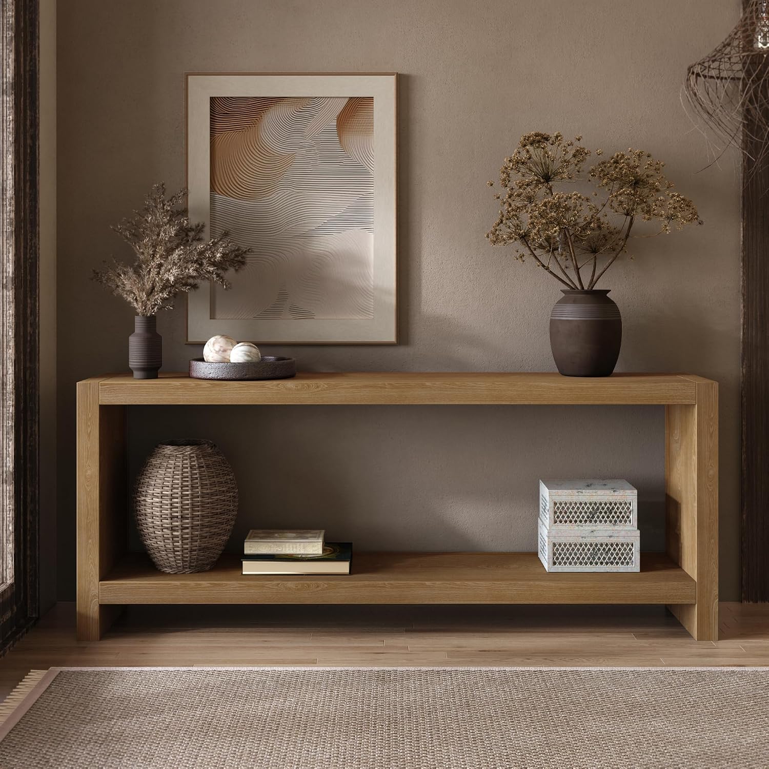 LUMISOL 2-Tier Vintage Sofa Table with Shelf for Behind Couch, Light Brown