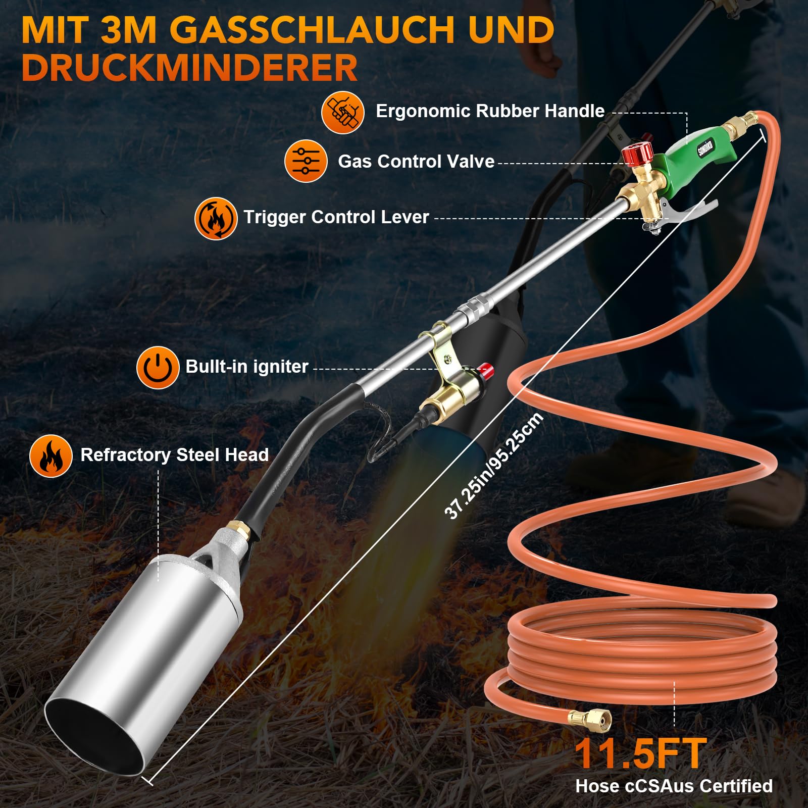 Sondiko Désherbeur de mauvaises herbes à grande flamme - Brûleur à gaz haute performance avec tuyau de 3 m - Réducteur de pression et accessoires - Brûleur de mauvaises herbes pour jardin, allée
