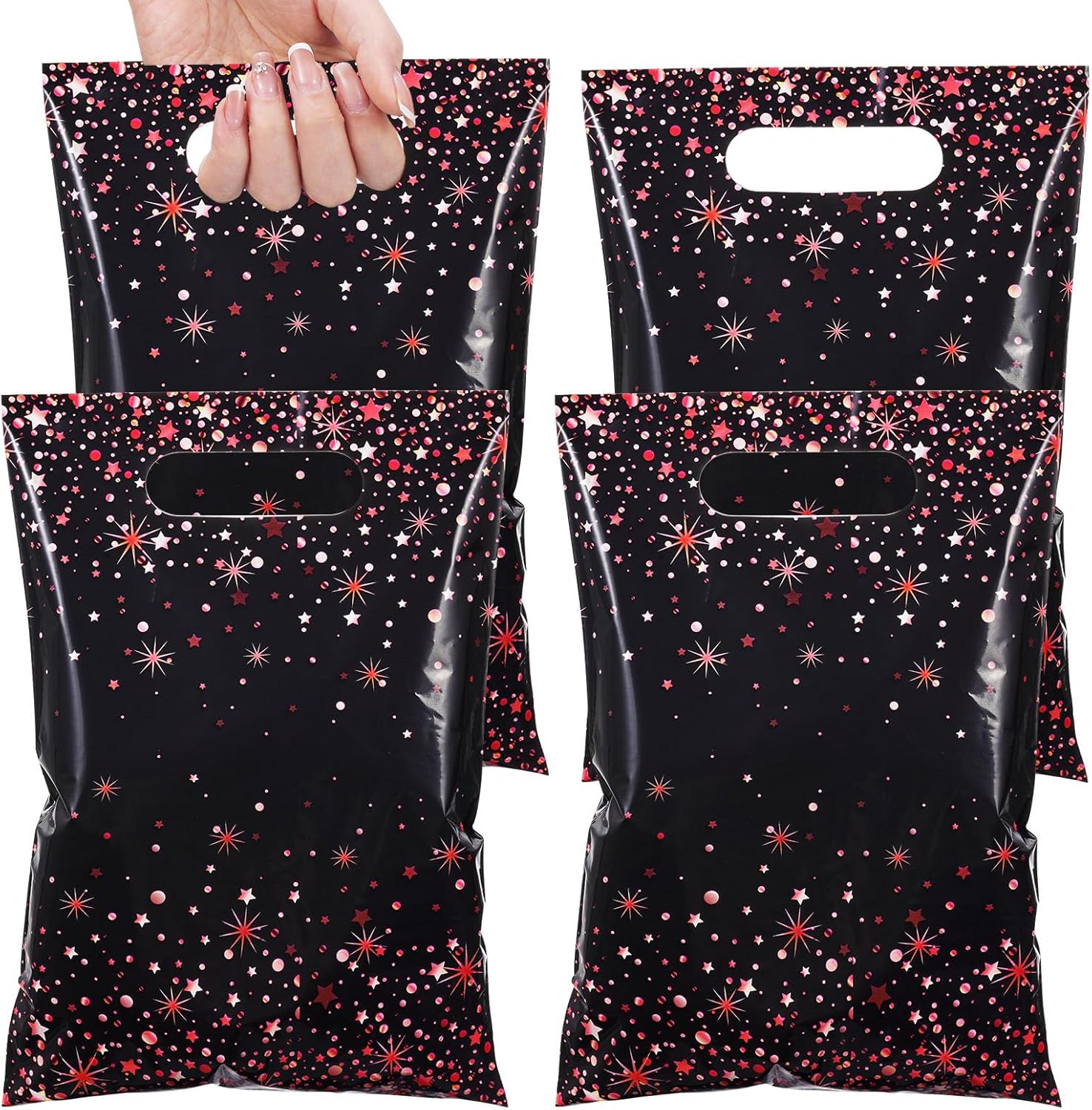 Pasimy 50 Pcs Black and Red Party Favor Gift Bags Die Cut Plastic Treat Goodie Merchandise with Handle for Birthday Party Wedding Bridal Baby Shower Christmas New Year Gift Supplies