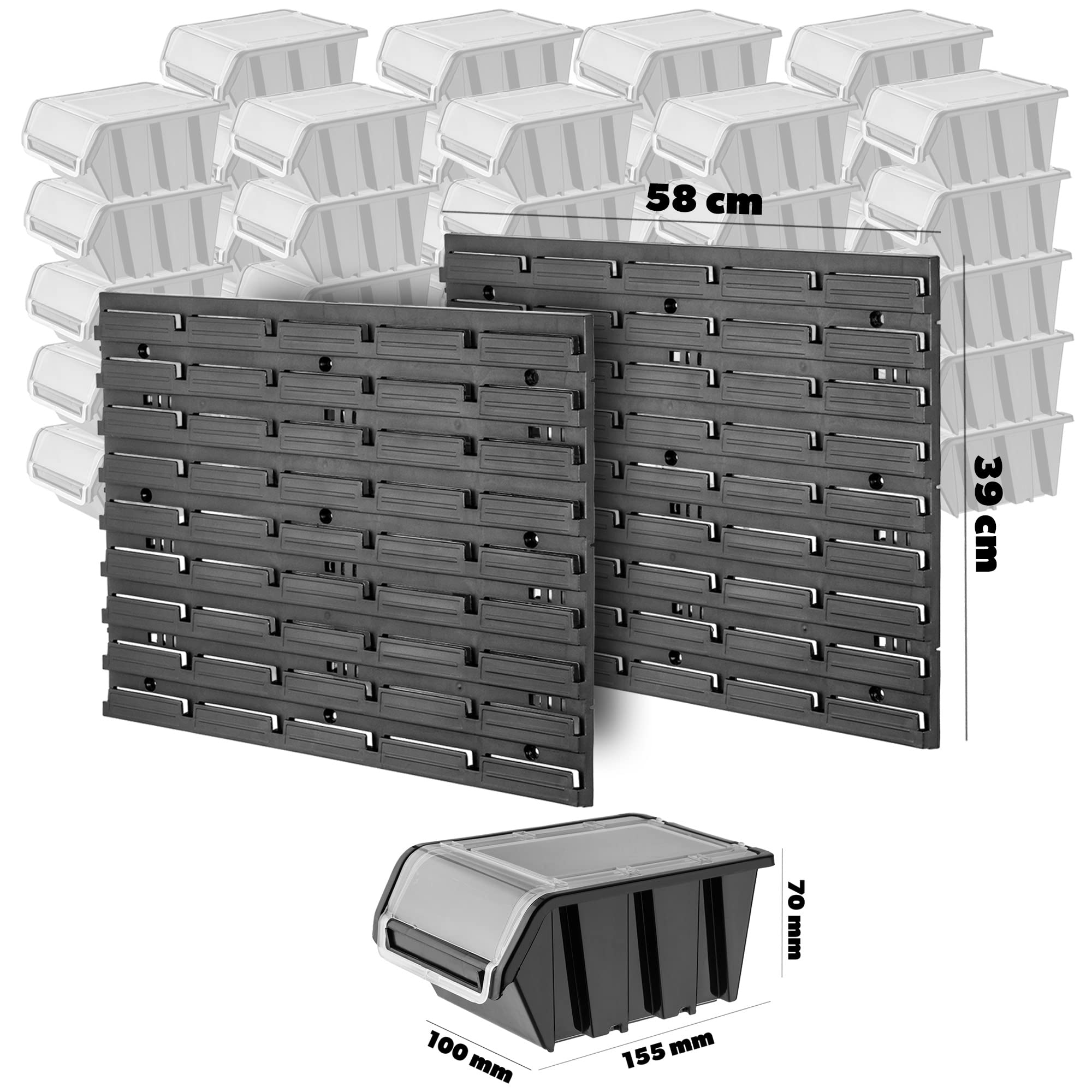 KADAX Lot de 50 Étagère d'atelier, 116 x 39 cm, en Plastique Robuste, système de Stockage résistant aux UV, plaques murales Extensibles, Atelier ou Jardin (Noir), K7708