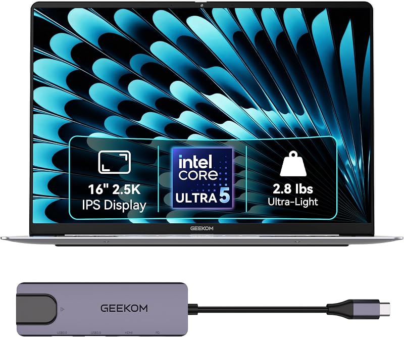 GEEKOM GeekBook X16 Pro Laptop, 16" 2.5K IPS, 2.8 lb Slim Portable Notebook | Up to 17 Hours, Intel Ultra 5, 32GB LPDDR5x 7500MHz 1TB SSD, Dual Fan Cooling, USB4, Fingerprint, Privacy Shutter, Windows 11