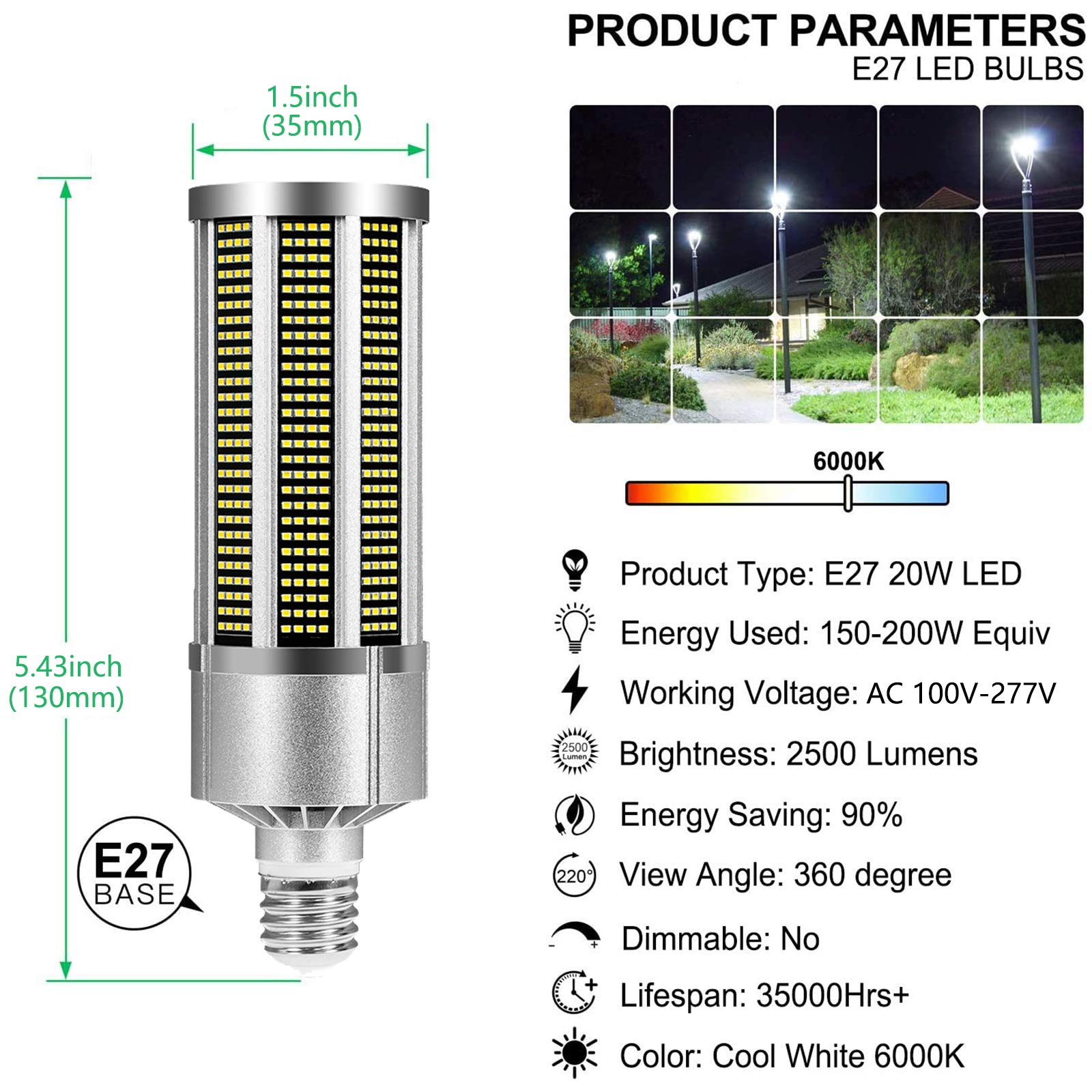 2 bombillas LED maíz, bombillas LED E27, 20 W, 2500 lúmenes, 3000 K/6000 K, superbrillantes.