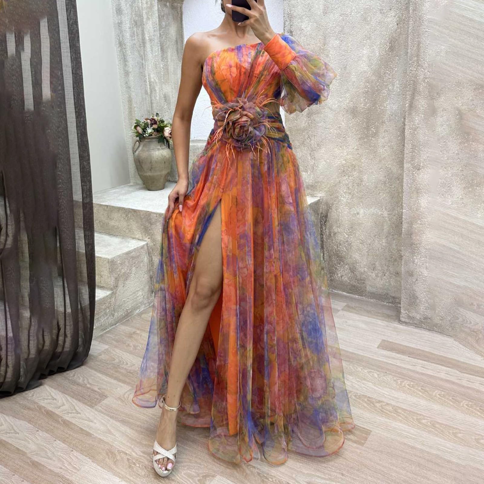 uxxnjfg Robe De Cérémonie pour Femme Ronde Boheme Cocktail Maille Robe Longue Chic Et Elegant De Cérémonie Fleurie Vetement Ete sans Manches Fluide Summer Dress