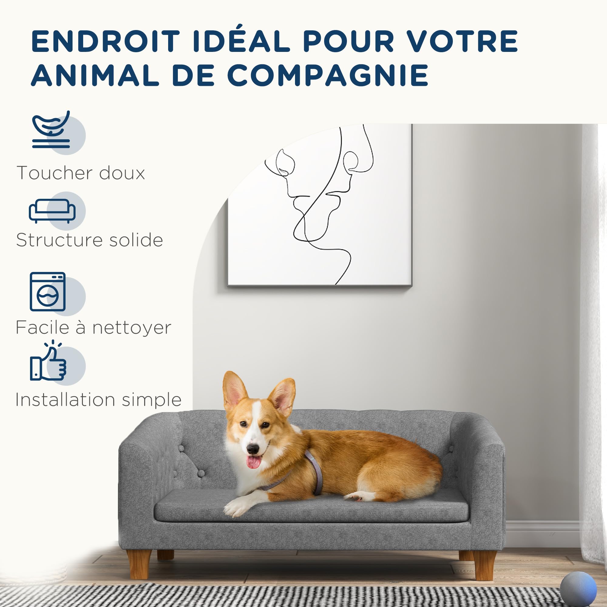 PawHut Canapé pour Chien et Chat, canapé surélevé pour Chiens de Petite et Moyenne Taille, avec Coussin Doux Amovible, Installation Simple, 96 x 60 x 42 cm, Gris