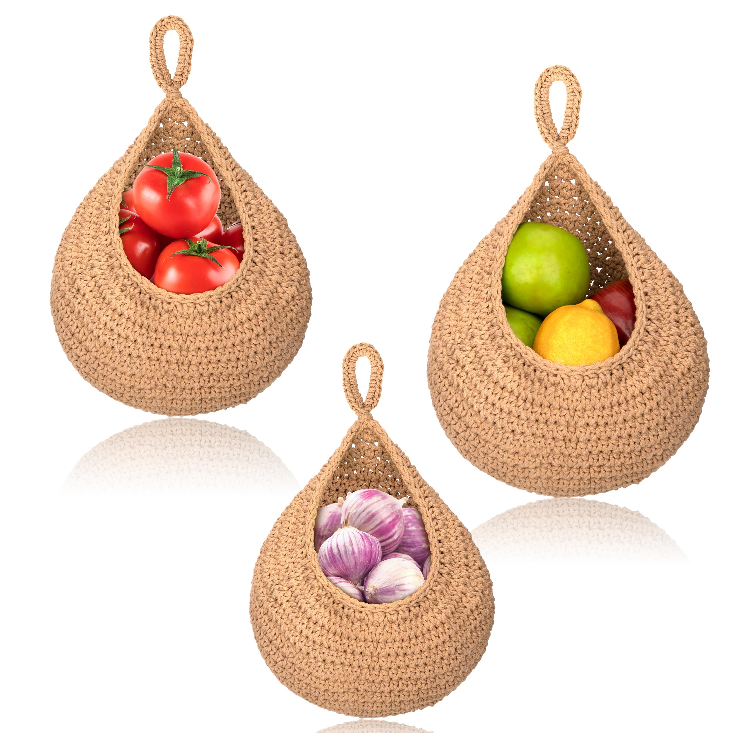 Niboken Boho Hanging Fruit Basket Wall Organiser, Brown Cotton Jute, Oval Shape, 3 Sizes, Kitchen Decor