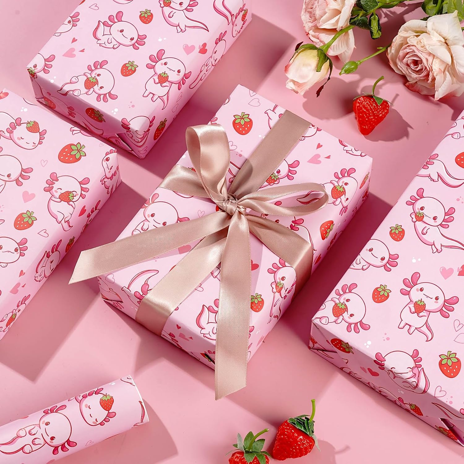 Pineraap Axolotl Wrapping Paper Roll, Cute Axolotl and Strawberry Gift Wrap - 17 Inch x 16.4 Feet - Pink Animal Wrapping Paper for Girls Birthday Party Baby Shower Wedding Bridal Shower image 2