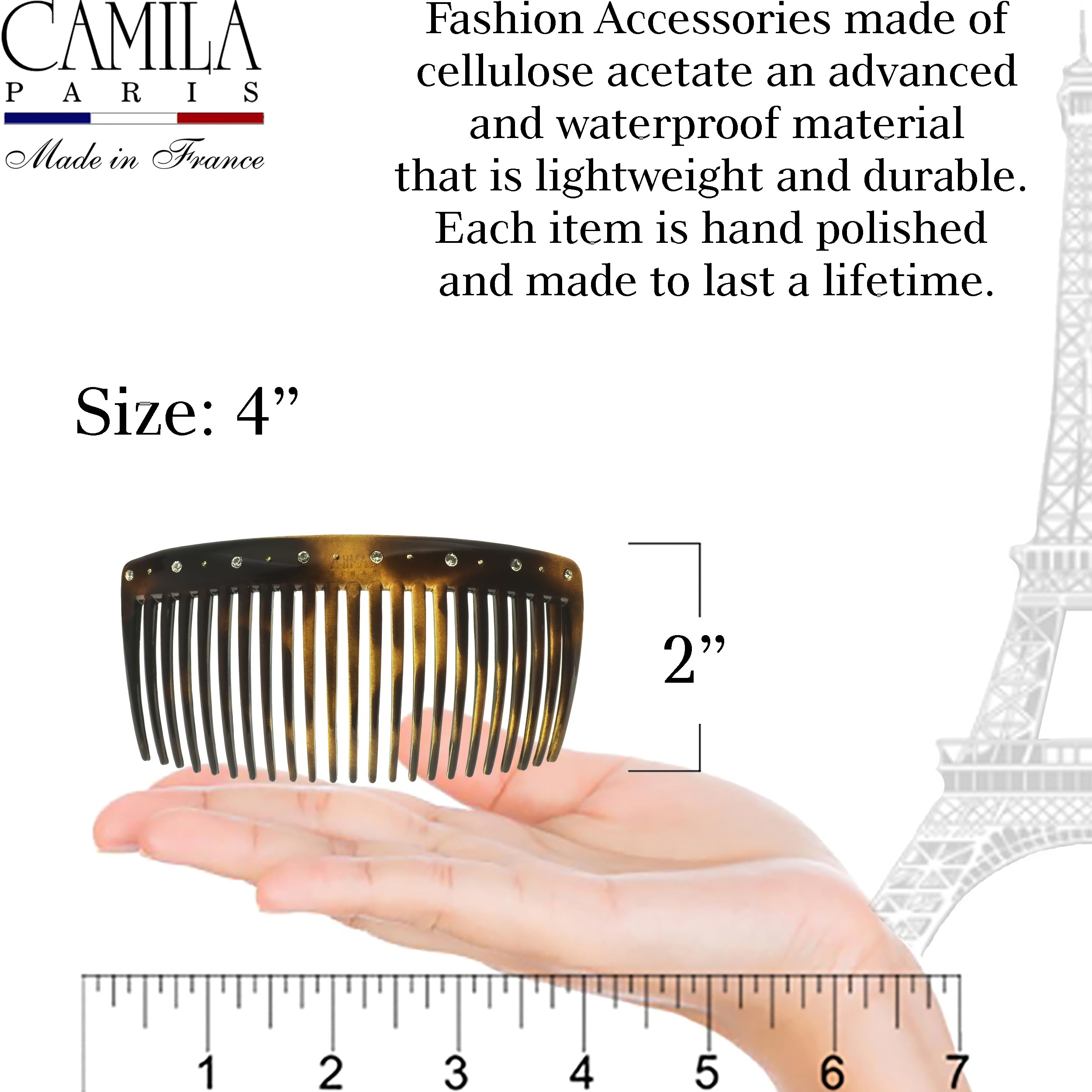 Large Curved Hair Combs with Crystals, Cellulose Acetate, Strong Hold Camila Paris CP2634 French Two Sides Interlocking Comb  main image 2