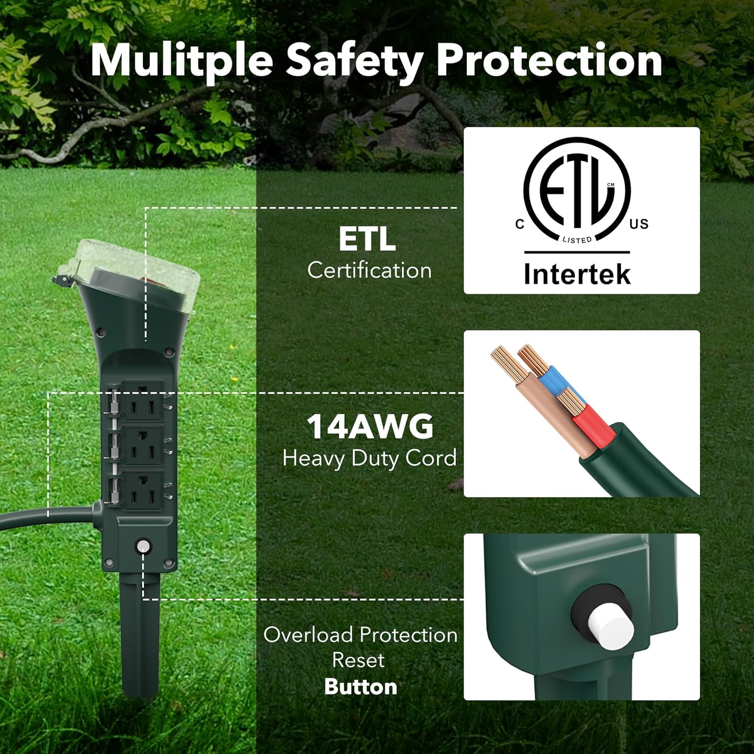 BN-LINK Outdoor Power Stake with ETL certification, 14AWG heavy duty cord, and overload protection reset button
