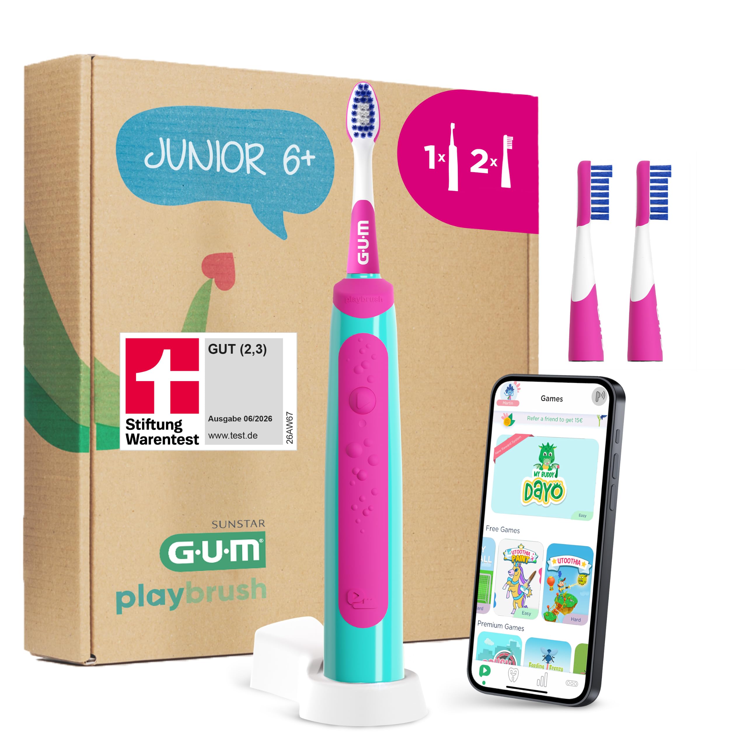 GUM Playbrush JUNIOR 6+ elektrische Zahnbürste | Interaktive Spiel-App | Extra weiche Borsten | 8 Wochen Akku | Stiftung Warentest | 1x Schallzahnbürste, wiederaufladbar | 2 extra Bürstenköpfe | Pink