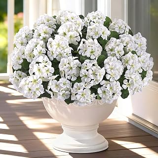 16 Bundles Artificial Flowers for Outdoors, Realistic Geraniums Fake Flowers for Decorations, UV Resistant Silk Faux Flowers Plants for Outside Garden Porch Planter Yard Patio Home Decor(White)