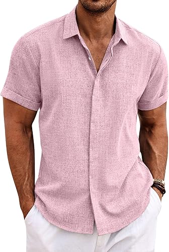 Miniatura 17 de COOFANDY Camisas de lino para hombre de manga corta, camisas casuales con botones para hombre, camisa de playa de verano, camisa para boda