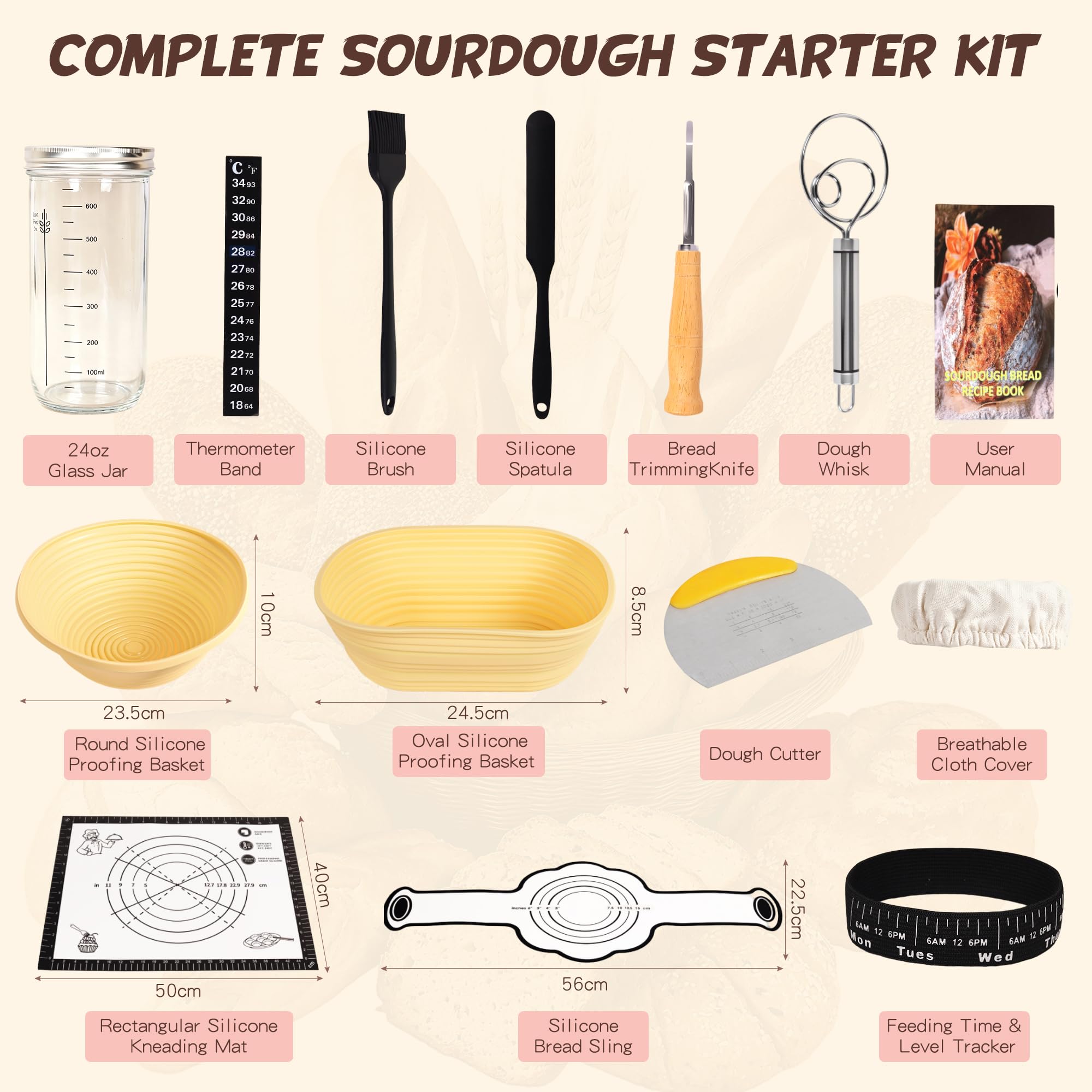 Kit di 21 cestini per lievitazione di lievitazione naturale, kit base rotonda e ovale, cestino in silicone per lievitazione del pane con barattolo da 680,4 g, pieghevole e lavabile, ideale per