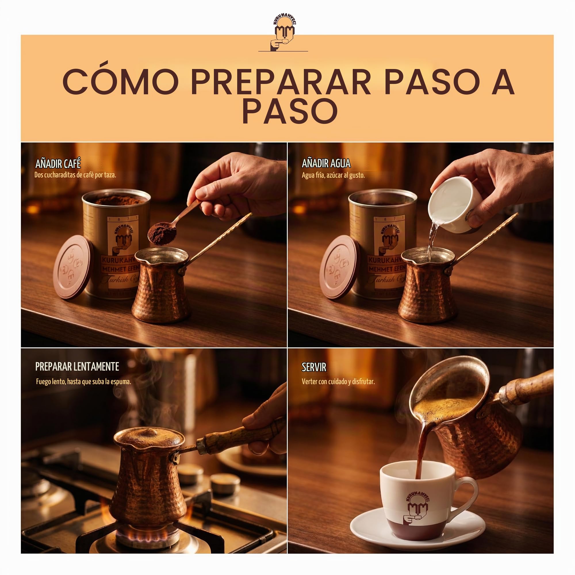 KURUKAHVECI MEHMET EFENDI Café turco, 100% arábica, café molido finamente tostado para cezve, rico aroma, medio, tradición desde 1871, 3.52 oz / 100 g, paquete de 25