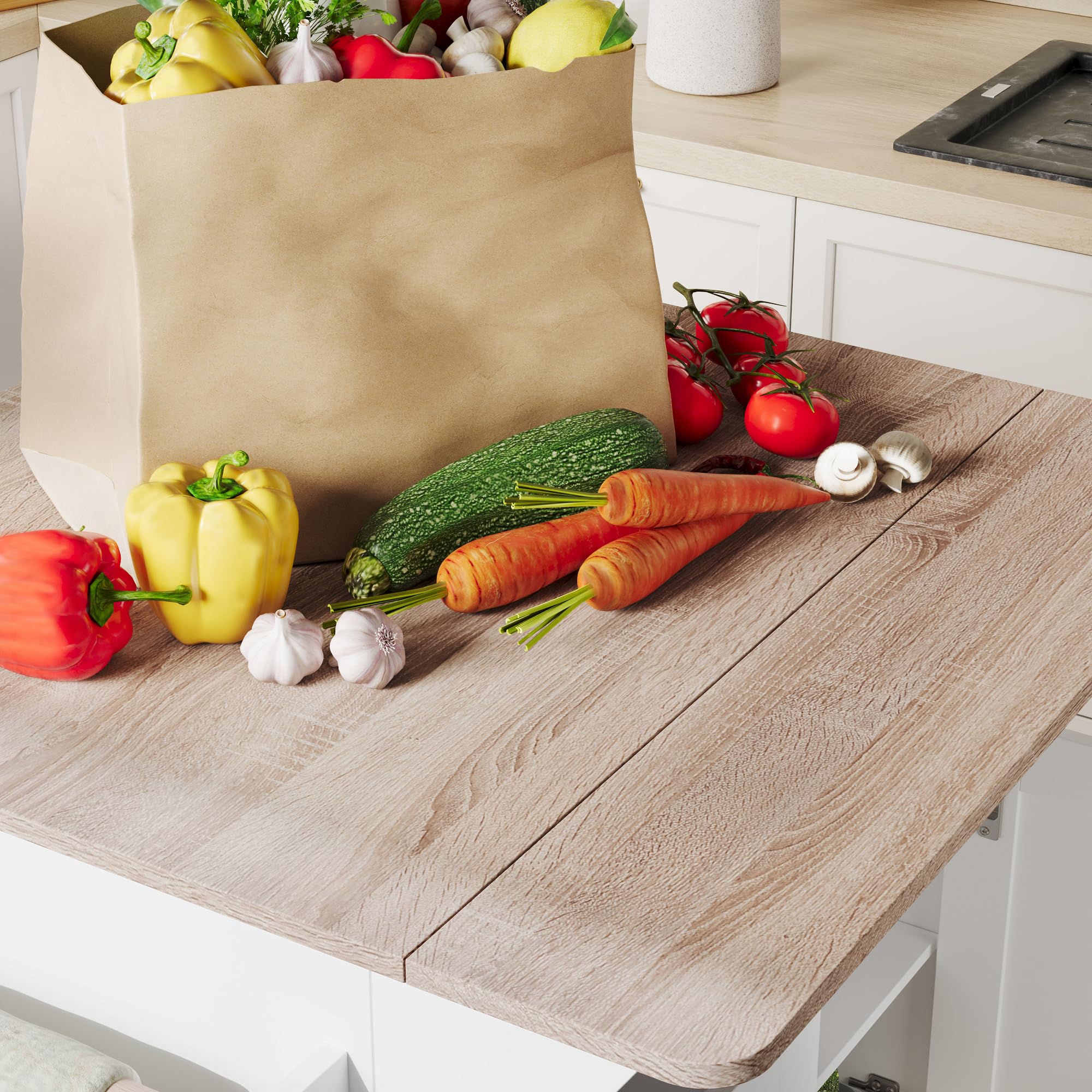 Kücheninsel auf Rollen Servierwagen mit Rollen Küchenwagen mit ausziehbarer Arbeitsplatte Rollwagen mit Schubladen Barwagen für Küche, Esszimmer, Frühstücksbar Weiß, 80 x 80.5 x 80 cm, Verdickte MDF