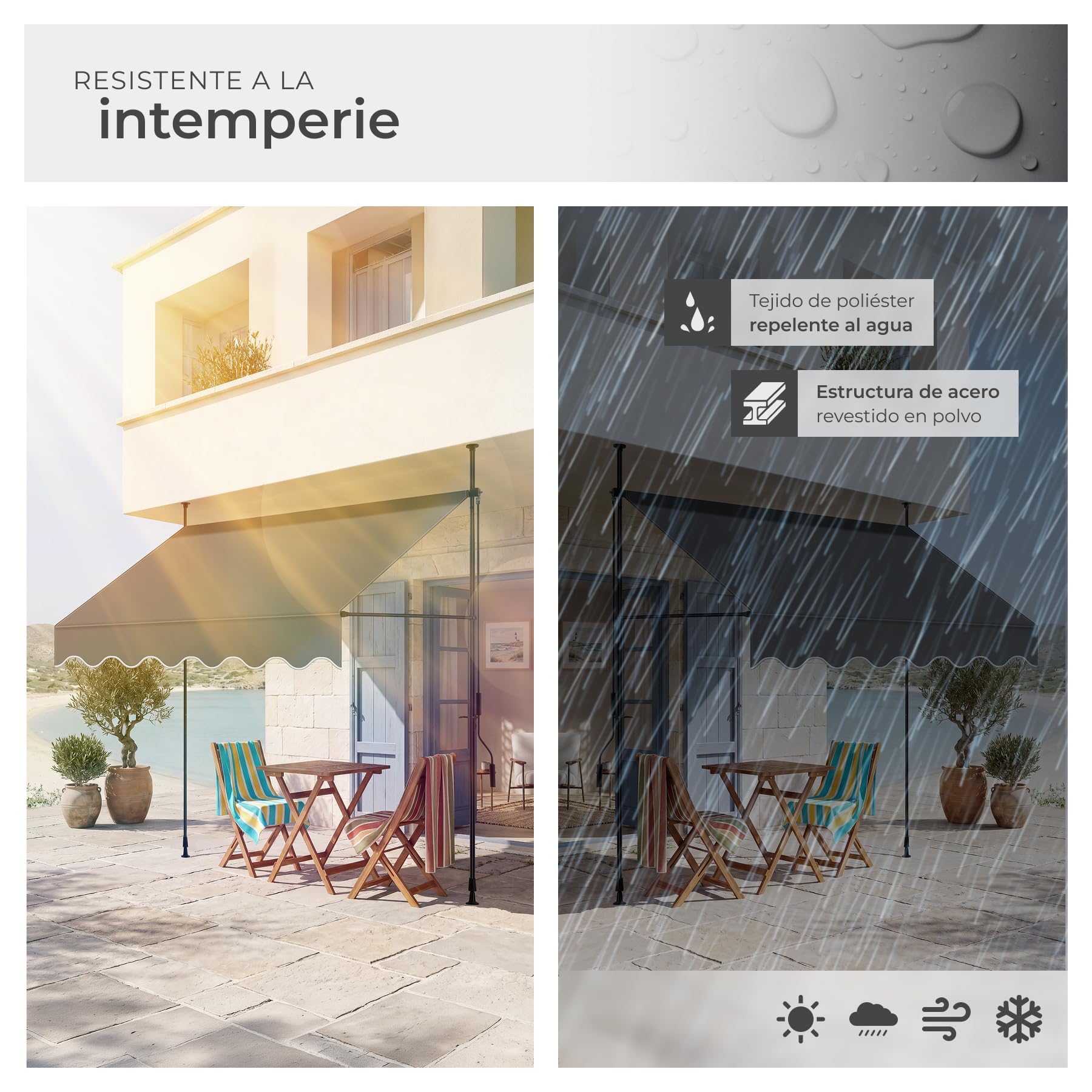 tectake® Toldo Terraza Manual Regulable en Altura con Manivela, Toldo Balcón sin Taladros, Extensible Terraza, Resistente a Rayos UV, Protección Solar y Repelente al Agua - 200 cm - Negro/Gris