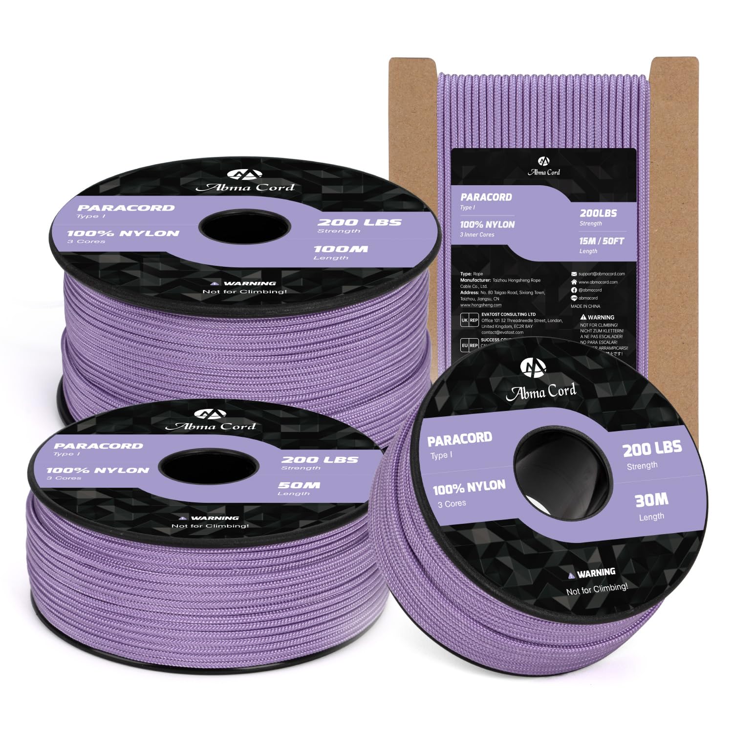 Abma Cord 2mm Paracord 50m Nylon Rope 3 Strands Type I Cord for DIY, Camping, Outdoor - Max. 90kg (200lbs) - Lilac
