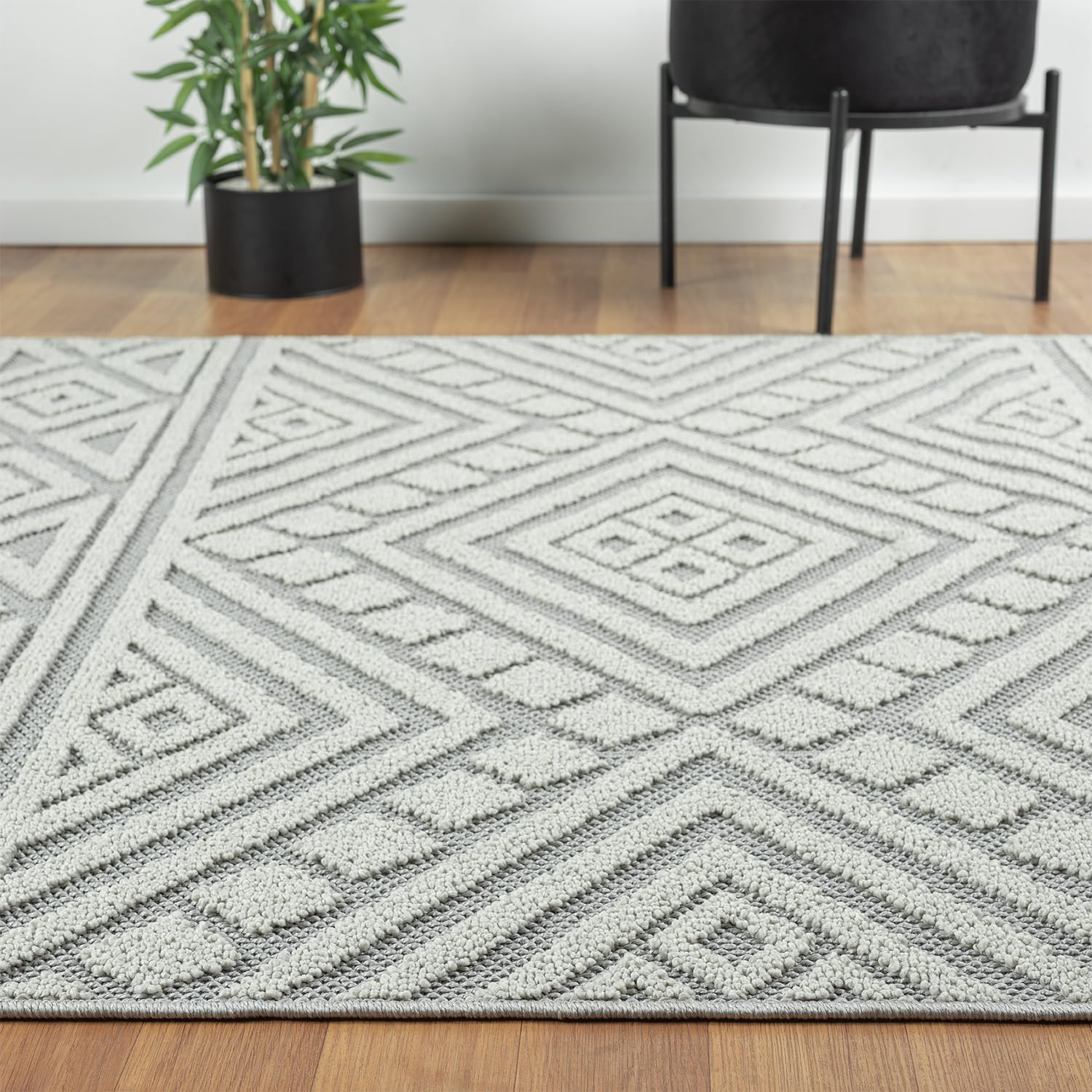 VIMODA Teppich Boho Wohnzimmer, Schlafzimmer, Fransen Skandinavisch, Waschbarer Teppich 3D, Farbe:Grau, Maße:120x170 cm