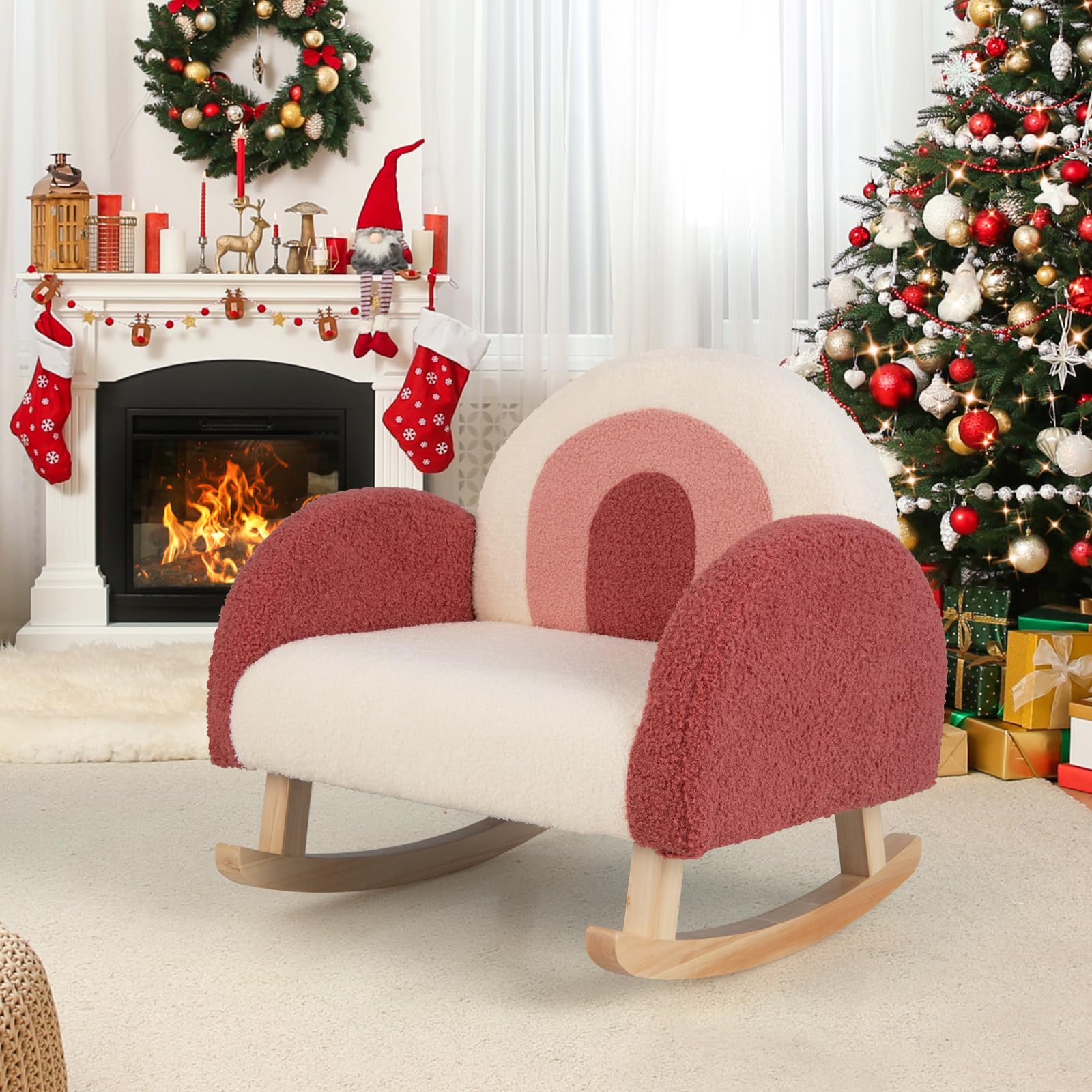 DREAMADE Fauteuil à Bascule Rembourré Enfant 3-5 Ans, Canapé d'Appoint en Velours Teddy avec Dossier Élargi, Pieds en Bois Massif, Anti-basculement, pour Salle de Jeux, Chambre, Salon (Rouge)