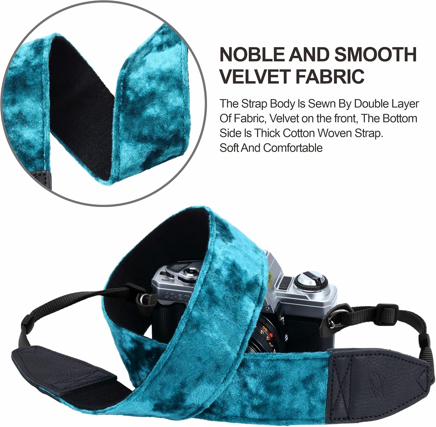 Padwa Lifestyle Peacock Blue Velvet Camera Strap - 2" Double Layer Full Grain Cowhide Leather Head Camera Straps for Photographers,Unique Soft Velvet Fabric with Quick Release fits all Cameras