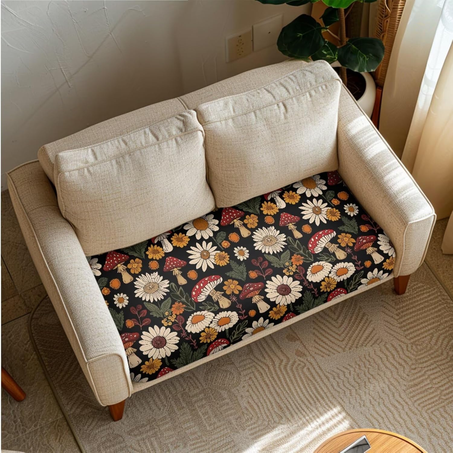 Daisy Mushroom Couch Cushion Cover with Recliner Headrest Protector with Fixing Nails Anti Slip Seat Couch Slipcover Sets Furniture Protector for Chair Loveseat Sofa