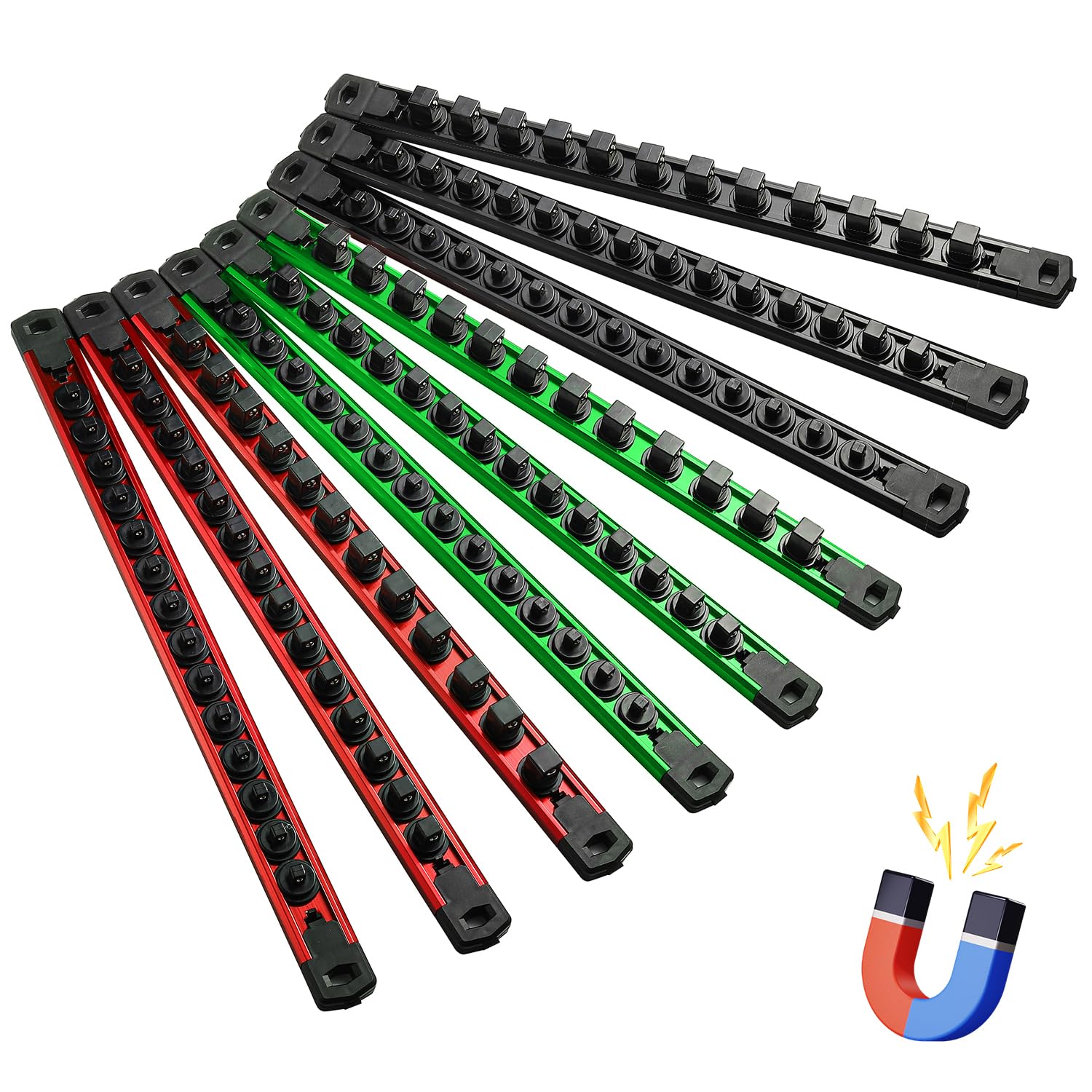 Reniteco Magnetic Socket Organizer Set, 9PC 1/2" 3/8" 1/4" Drive Aluminum Alloy Socket Holder with 120PC 360° Swivel Removable Clips, Magnetic Socket