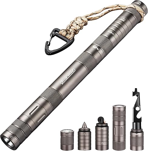 AbeuRox Multiherramienta 6 en 1, kit de múltiples herramientas con linterna recargable, encendedor, rompecristales, brújula, paracord, dispositivo