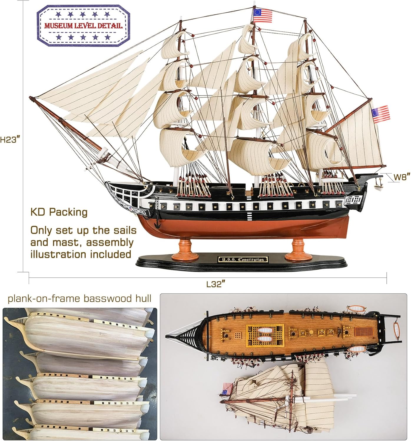 SAILINGSTORY Wooden Model Ship USS Constitution 1/75 Scale Replica Frigate Sailing Warship Model Sailboat Decor