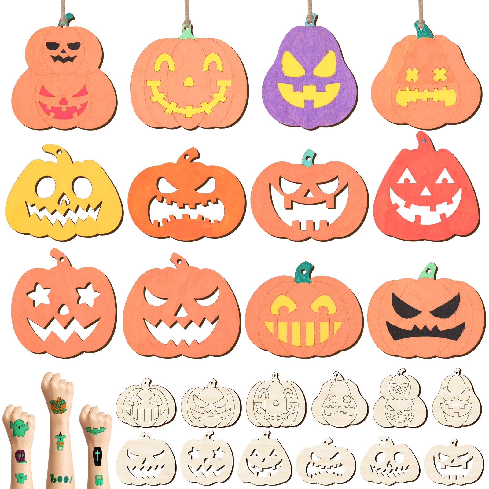 BAPHILE 36Pcs Wooden Pumpkin Crafts Unfinished Halloween Pumpkin Cutout Fall Wood Ornaments Fun Wooden Arts and Crafts DIY Coloring Pumpkins for Halloween Party Favors Crafts