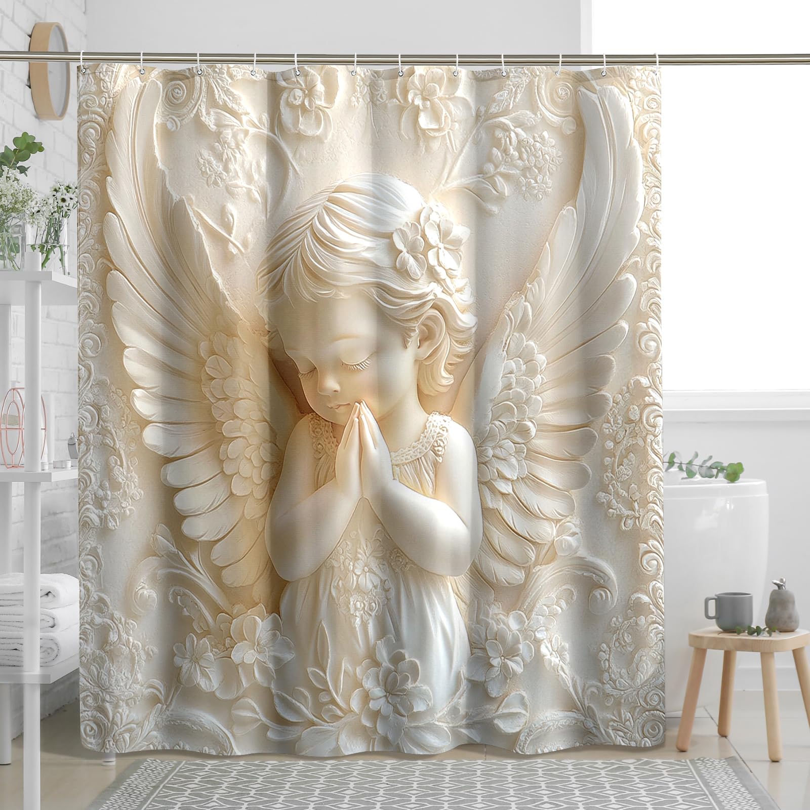 Angel Shower Curtain, Beige White Praying Cherub Bath Curtain for Bathroom Decor, Spring Classic Waterproof Fabric Shower Curtain Set with Hooks 72x72