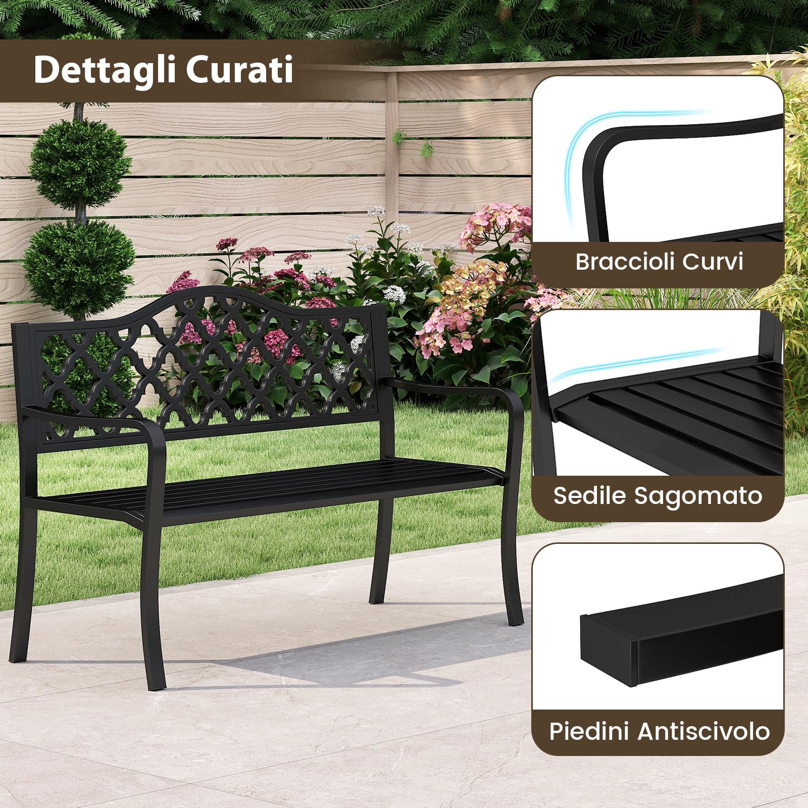 COSTWAY Panchina da Esterno in Metallo con Doghe e Braccioli Curvati | Panca da Giardino 128 x 54 x 89 cm per 2-3 Persone per Piscina e Veranda, Nero