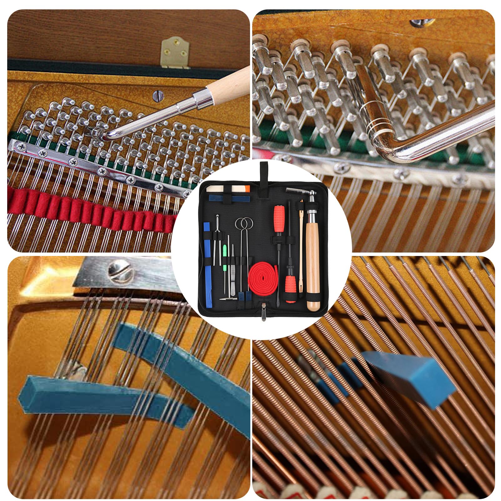 Kit de afinación de piano de 16 piezas, juego de afinación profesional, llave de afinación, mango largo, llave de afinación, amortiguador de goma, destornillador, pinzas, martillo, temperamento
