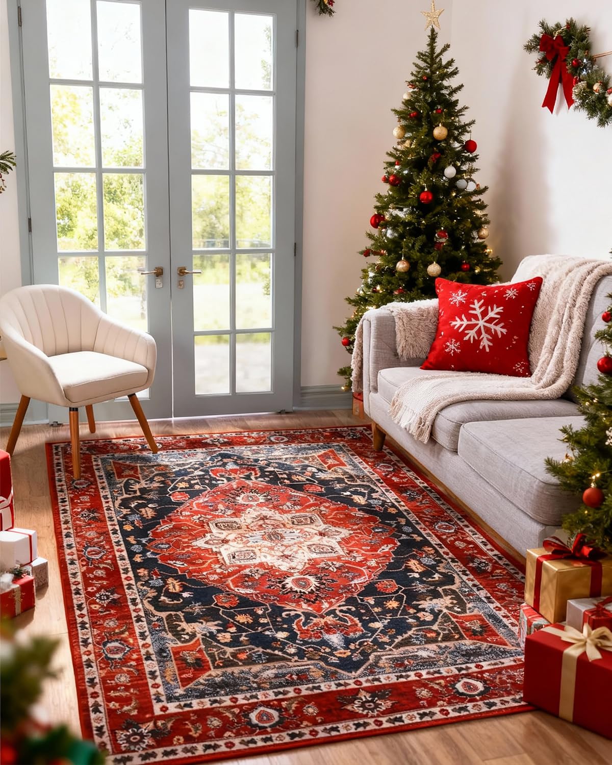 YJ.GWL Area Rug for Living Room, 4x6 Machine Washable Boho Rug for Bedroom, Low Pile Lightweight Thin Rugs Floral Vintage Distress Print Pattern Carpet for Dining Room, Red