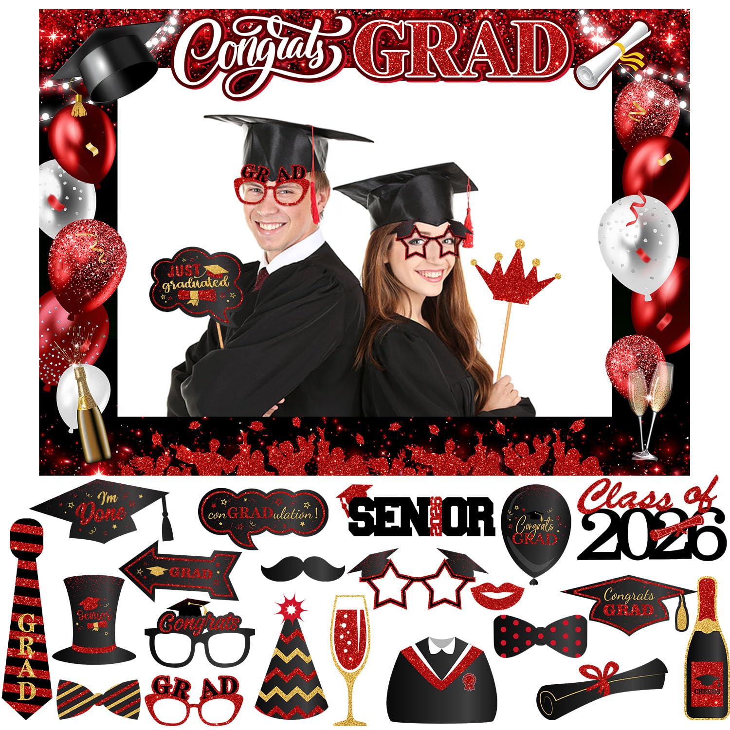 Graduation Photo Booth Props-Red Class of 2026 Graduation Party Decorations,Congrats Grad Booth Frame and Grad Photo Props with Sticks for Boys Girls