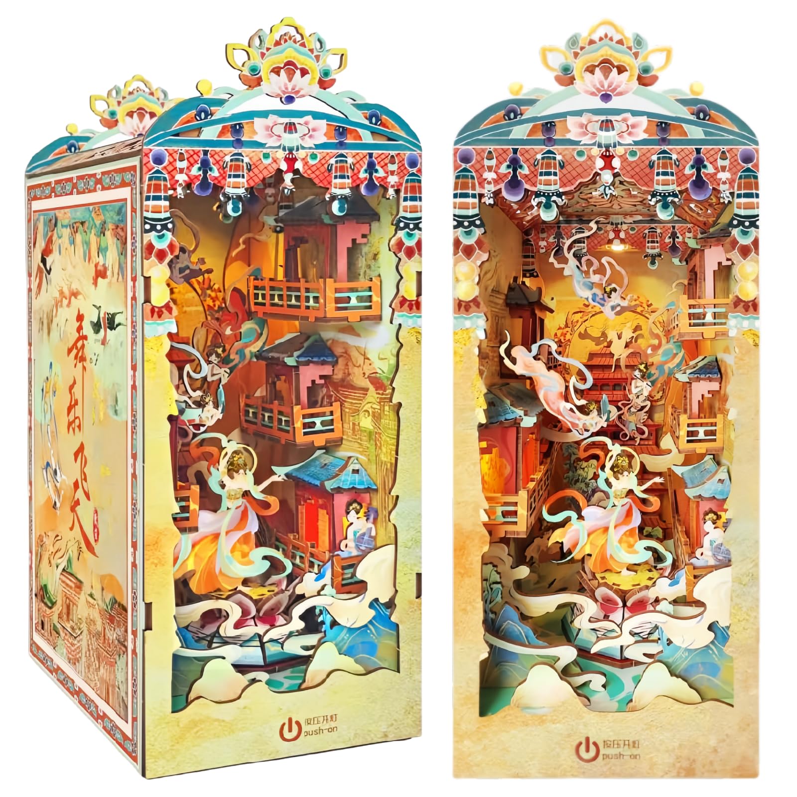 SXDMOUBK DIY Book Nook Kit - Japanese Style Miniature Dollhouse Kits with Human Body Sensor LED Light, 3D Puzzle Art Bookends, Model for Adults (Dunhuang Dance)