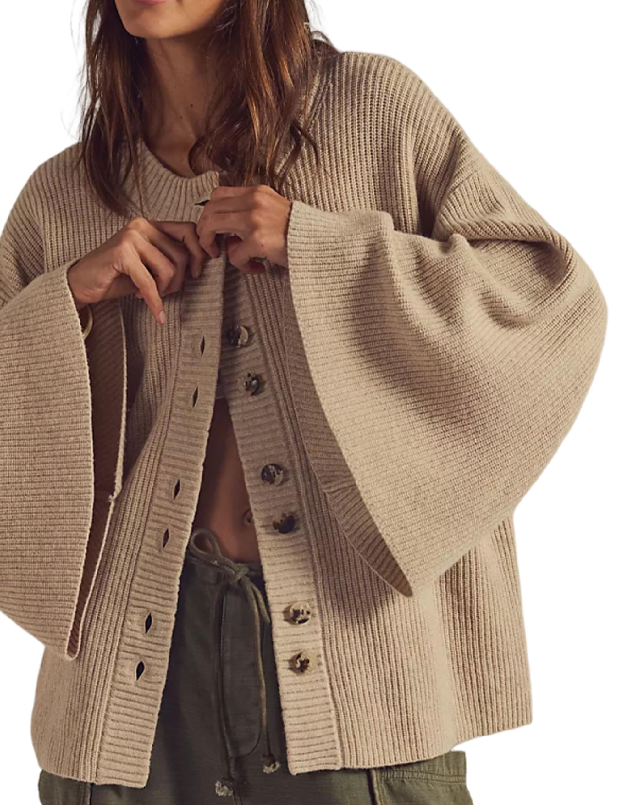 Womens Slouchy Knit Buttons Down Cardigan Sweaters Fall Trendy Bell Long Sleeve Warm Cozy Sweater Coats