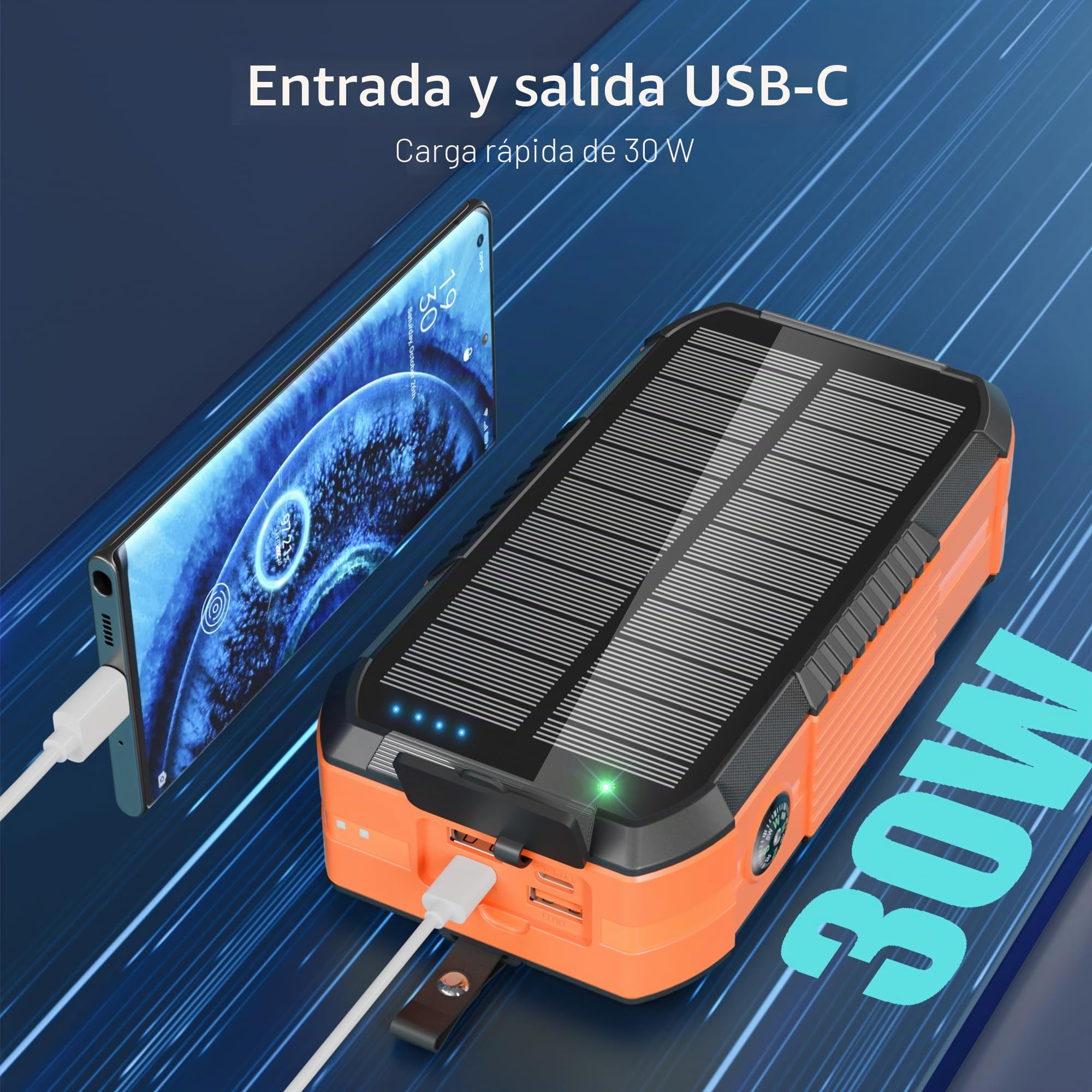 70000mAh Solar Power Bank con 30W PD Carga Inalámbrica Batería Externa de Gran Capacidad con 6 Salidas,Carga Rápida USB C Linterna LED,Brújula y Manivela Manual, para Campingal Aire Libre