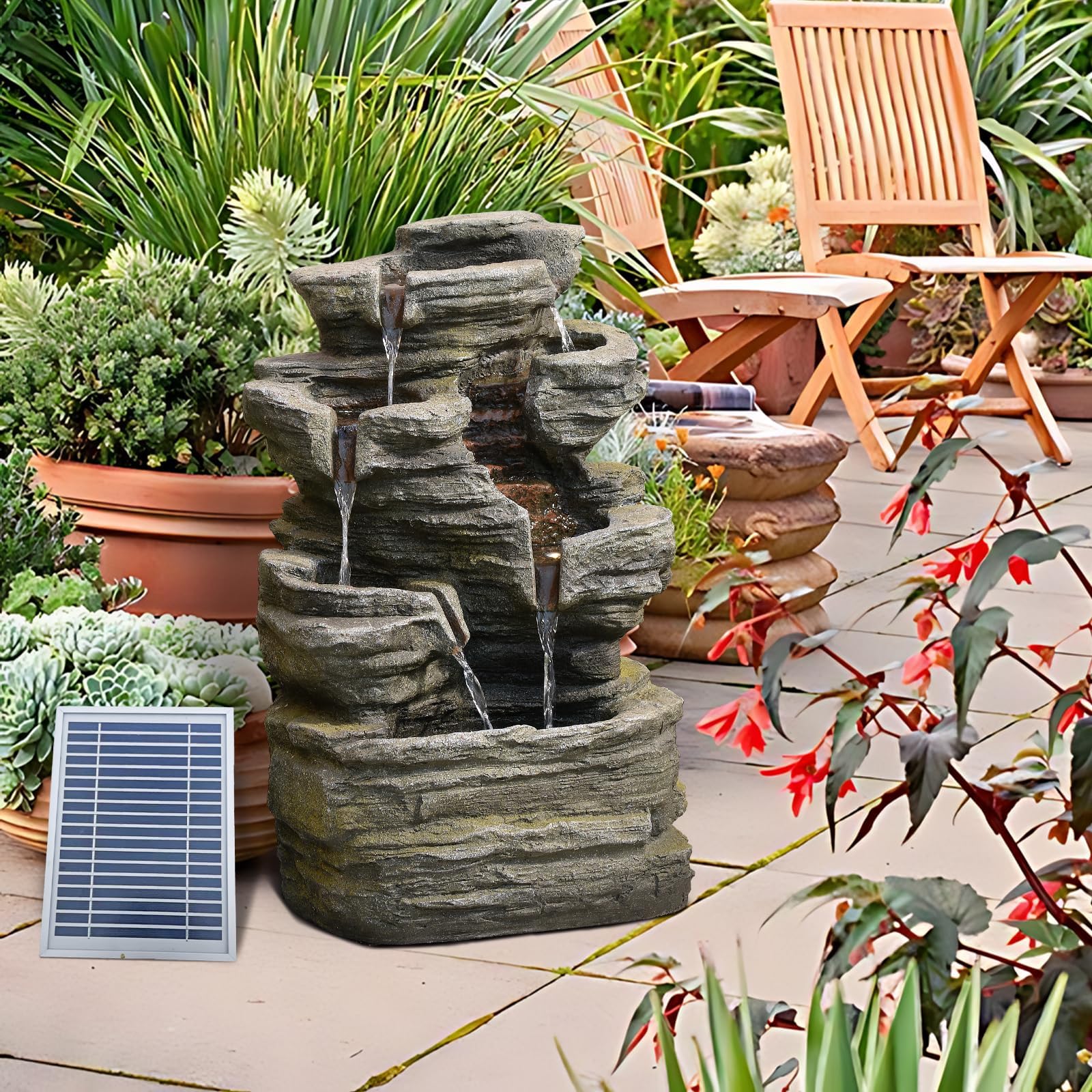 Bumilgar Solargetriebener 6-stufiger Kaskadenbrunnen mit LED-Beleuchtung, inkl. Pumpe & Solarpanel | 62 cm hoch, Steingrau für Terrasse, Balkon, Vorgarten | Natursteinoptik-Wasserfall, Außendeko