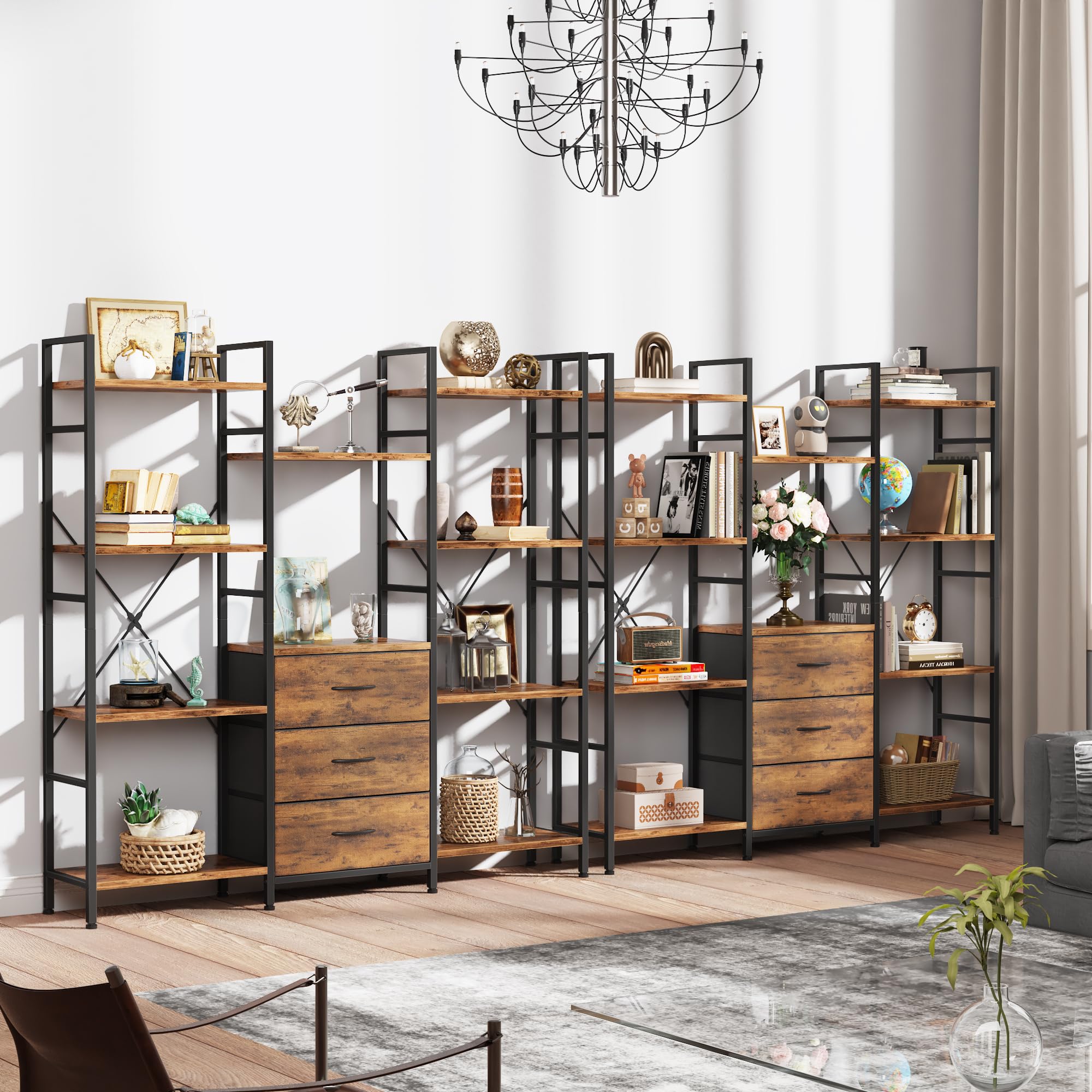 Bücherregal mit 3 Schubladen 120x142cm Standregal Raumteiler Industrial Style 10 offene Fächer 142cm Hoch
