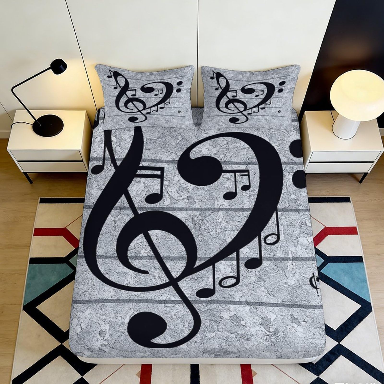 3D Printed Musical Notes Fitted Sheet Microfiber Soft Grey Treble Clef Bed Cover for Bedroom Dorm Mattress Protection Decor 160x200x25cm