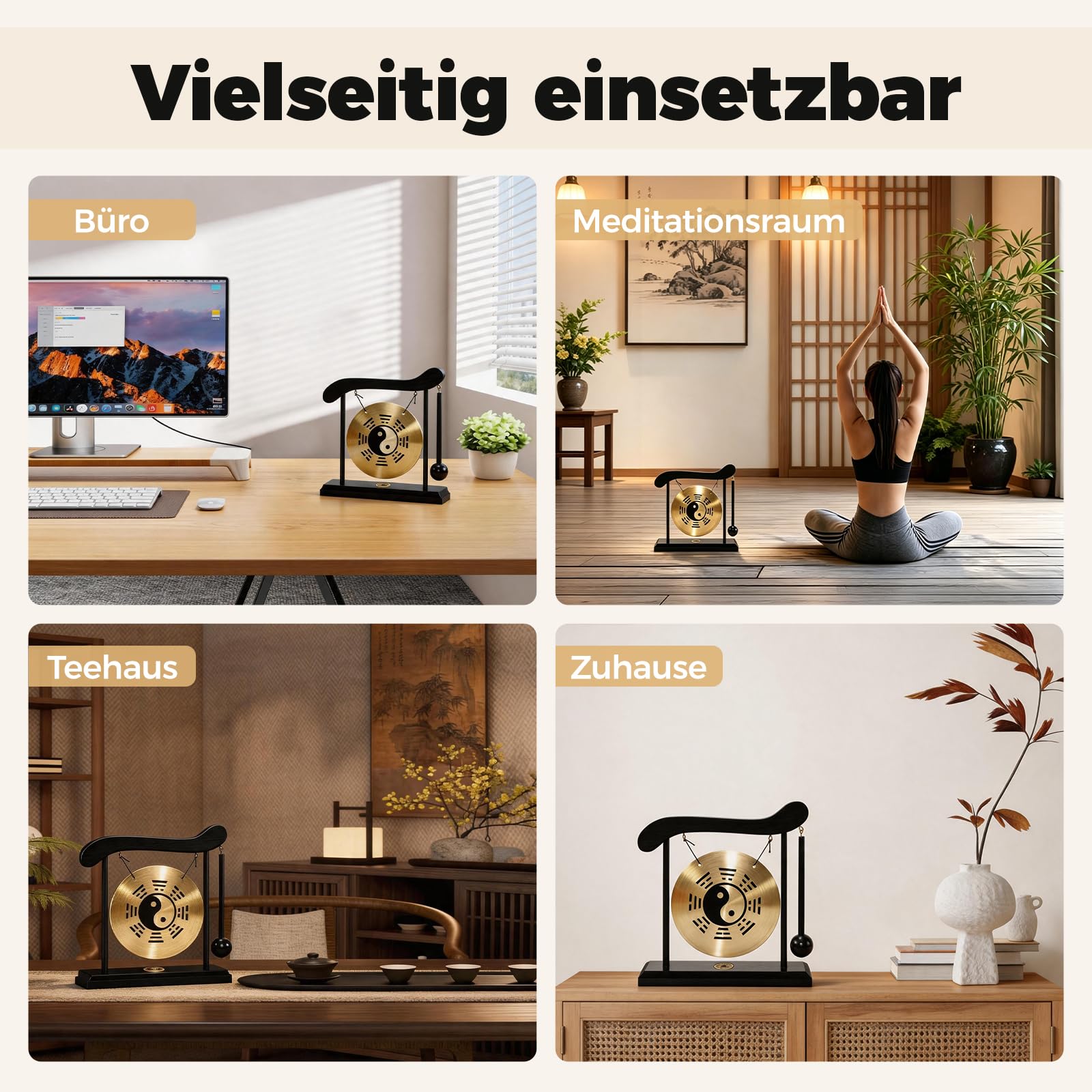 Mini Kupfer Gong mit Schlägel, Yin Yang Fengshui Deko Tischgong mit Holzsockel, Japanische Deko mit Taiji-Symbol und Klatschtafel für Zen Tischdekoration, Einzugsgeschenk (Bagua-Diagramm)