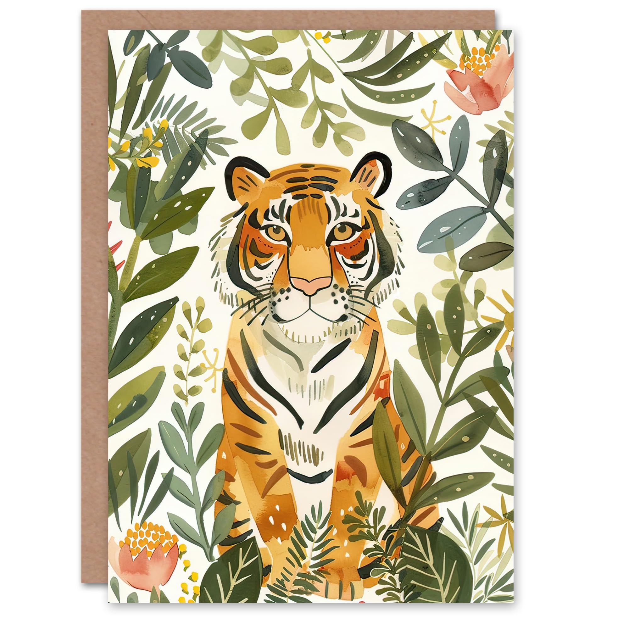 Artery8 Greeting Card Cute Tiger in Floral Tropical Jungle Watercolour Blank For Him Or Her Art Birthday Card
