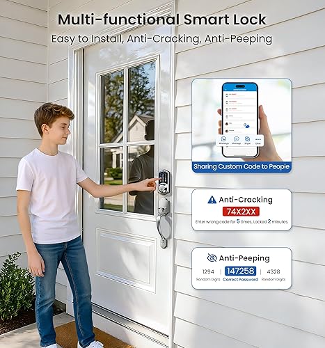 Miniatura 8 de Veise VE07-H Cerraduras inteligentes de huellas dactilares para puerta delantera con juego de manija, control de aplicación, cerrojo de teclado