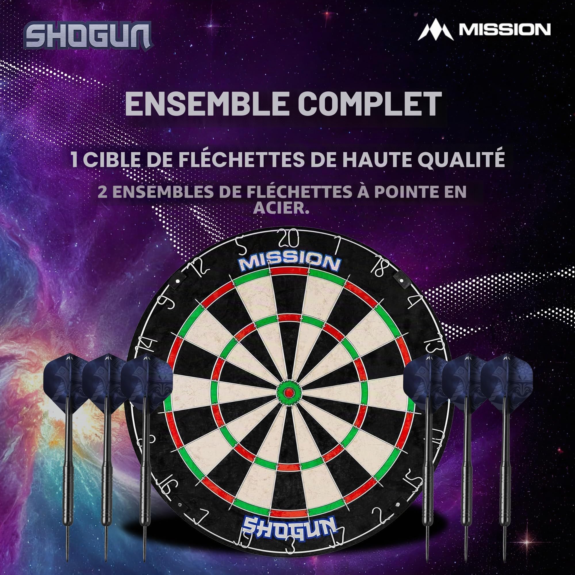 Mission Darts Jeu de fléchettes Shogun | Endurance Jeu de fléchettes rond en sisal avec 2 jeux de fléchettes à pointe en acier