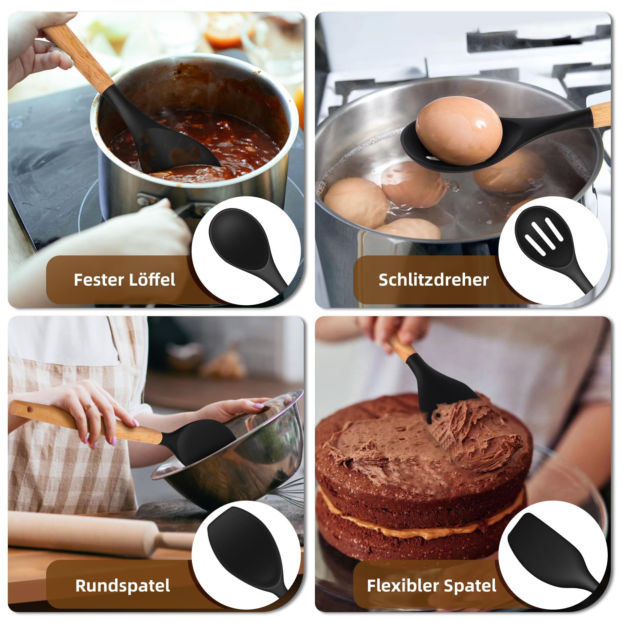 Set Utensili Da Cucina 24 Pezzi - Silicone E Legno, Con 12 Ganci, Nero - Foto 6