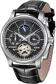 Relógio masculino LIGE à prova d'água, mecânico, automático, dourado, pulseira de couro branco