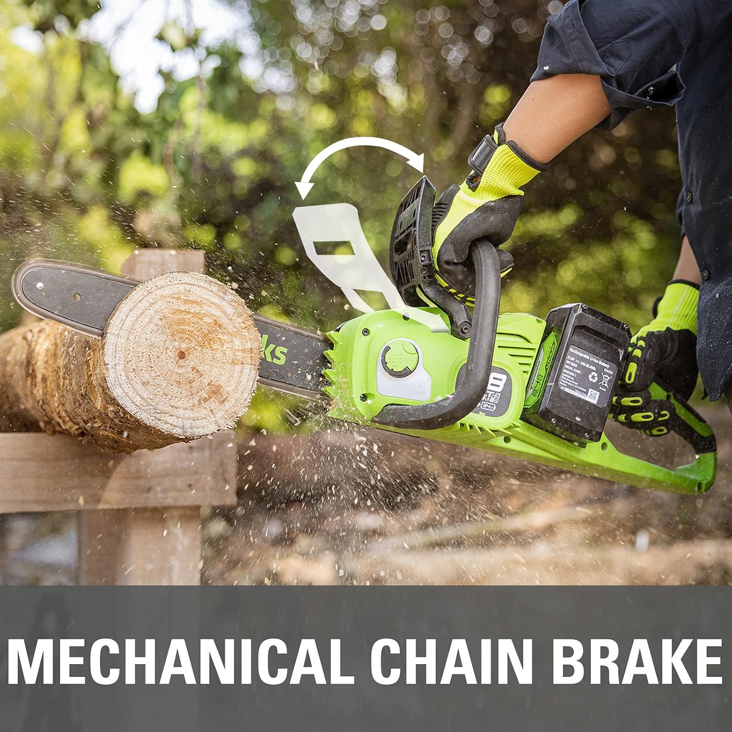 Graphic indicating the Greenworks GD24X2CS36 chainsaw's chain speed of 20 meters per second.