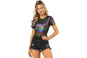 Women's Party Metallic Textured Short Sleeve Shiny Multicolor Top