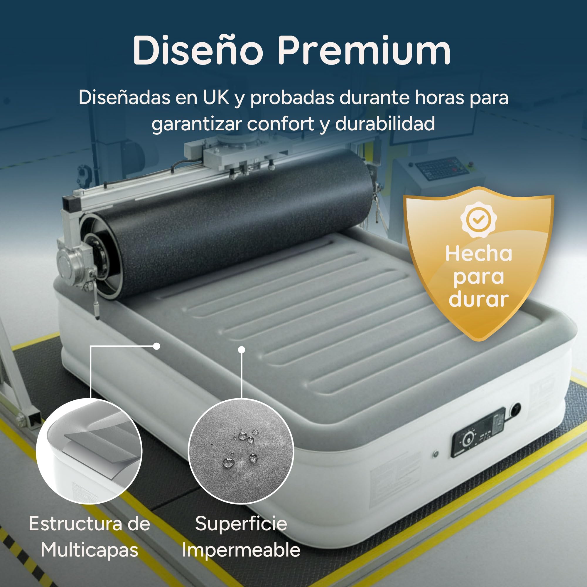 Huddle Never Deflate™ Luxury Colchón Inflable King Size, Ganador del Good Housekeeping 2025, con Hinchador Dual SlumberGuard™, firmeza Ajustable, Bomba integrada y luz Nocturna USB.