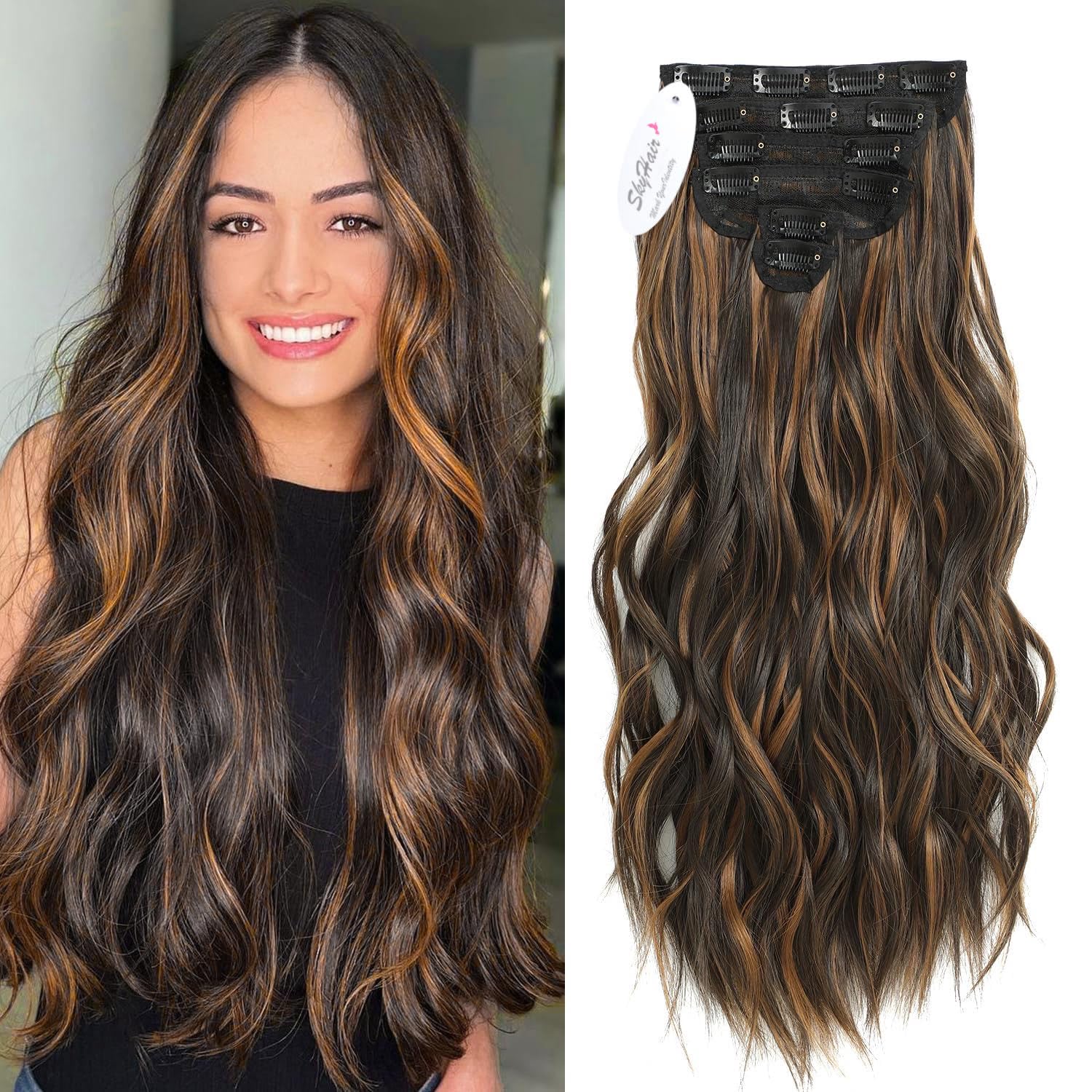 SkyHair BROWN WITH GOLDEN HIGHLIGHTS 6 Pieces 13 Clips Set PREMIUM Matte Finish Hair Extensions | Instant Volume and Length Clip In Volumizer for Women and Girls | 24 Inches (Light Curly/Wavy)-image-43